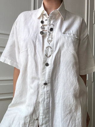 VINTAGE- Chemise lin blanche brodée