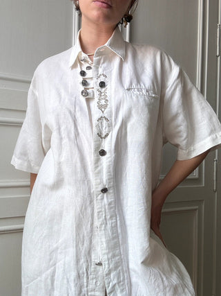 VINTAGE- Chemise lin blanche brodée